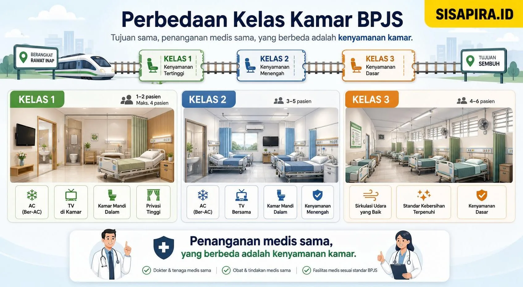 Buat ilustrasi untuk section ini, clean, modern, informatif=Apa Perbedaan Fasilitas Kamar BPJS Kelas 1, 2, dan 3?
Bayangkan iuran BPJS seperti tiket kereta. Kelas 1 dapat kursi bisnis yang lebih lega, Kelas 3 dapat kursi ekonomi yang lebih padat. Tapi keduanya tiba di stasiun yang sama, dengan masinis yang sama, dan jalur rel yang sama. Di sinilah analoginya pas: penanganan medis identik, hanya kenyamanan perjalanannya yang berbeda.
Kelas 1: Ruangan berisi 1-2 pasien (maks. 4). Dilengkapi AC, TV, kamar mandi dalam. Tingkat privasi tertinggi.
Kelas 2: Ruangan berisi 3-5 tempat tidur. Tersedia AC, TV bersama, kamar mandi dalam. Kenyamanan menengah dengan biaya lebih hemat.
Kelas 3: Ruangan berisi 4-6 pasien. Ventilasi memadai, memenuhi standar kebersihan dan kelayakan medis dasar dari Kemenkes.